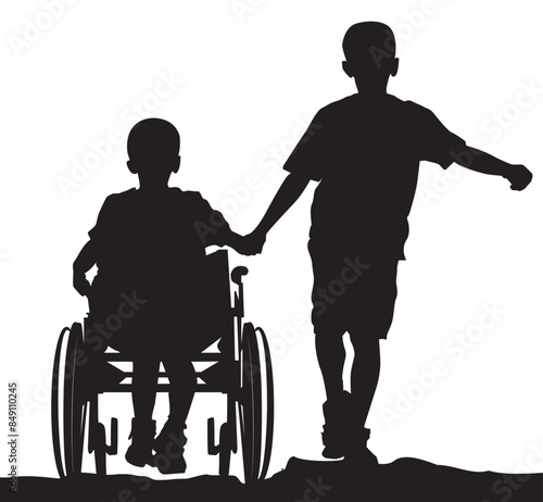 Heartwarming vector silhouette of a child helping a friend in a wheelchair, symbolizing care, compassion, and inclusivity. Perfect for inspiring designs and educational materials