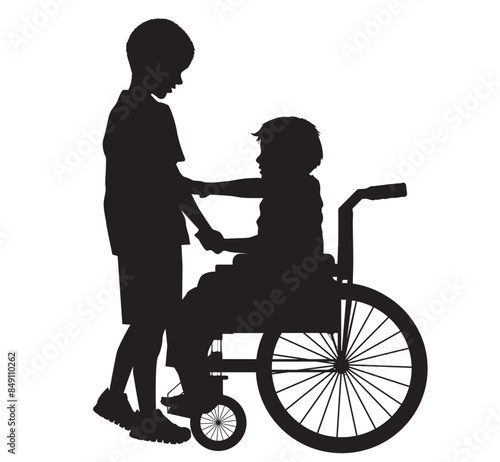 Heartwarming vector silhouette of a child helping a friend in a wheelchair, symbolizing care, compassion, and inclusivity. Perfect for inspiring designs and educational materials