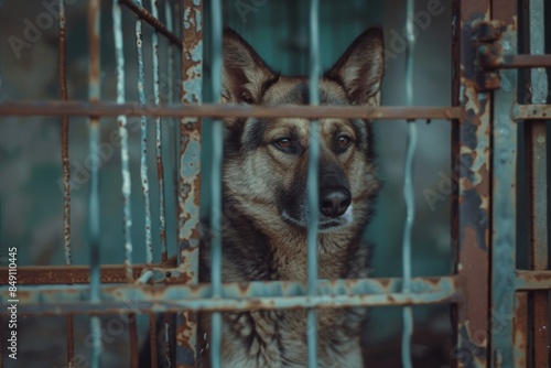 Dog sitting in a cage at the shelter