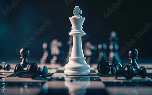 A white chess piece stands on the board, among fallen black pieces.