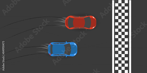 aerial top view two cars drifting battle on race track, two race cars view from above.