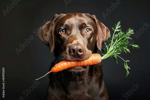 Dog that holds a fresh carrot in its teeth photo