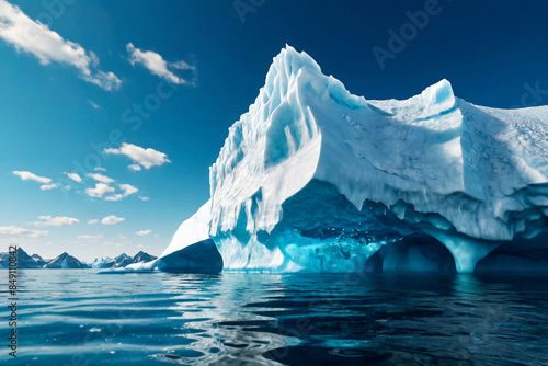 Scenery of big iceberg on water surface view in north ocean, serene scene. Isberg of central composition, blue sky, sea landscape. Hidden threat or danger concept. Gen ai illustration. Copy text space photo