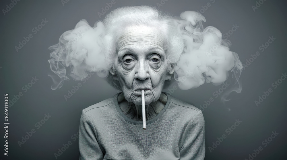 Portrait of an Elderly Woman Smoking a Cigarette: Capturing the Deep Wrinkles, Intense Eyes, and Winter Clothing in a Striking Image that Conveys a Lifetime of Stories Wallpaper Digital Art Poster Portrait of an Elderly Woman Smoking a Cigarette: Capturing the Deep Wrinkles, Intense Eyes, and Winter Clothing in a Striking Image that Conveys a Lifetime of Stories Wallpaper Digital Art Poster