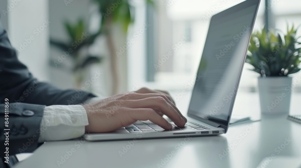 Cropped view of young businessman typing hands on laptop computer while working in modern white office room Cropped view of young businessman typing hands on laptop computer while working in modern white office room