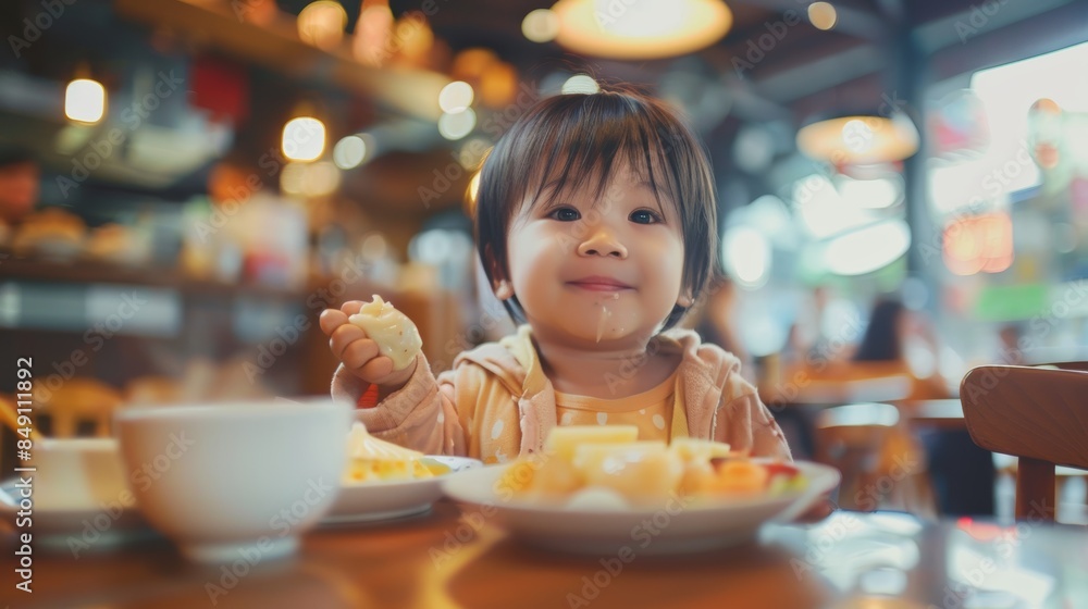 Photo of a cute Asian child eating breakfast in a restaurant. Photo of a cute Asian child eating breakfast in a restaurant.