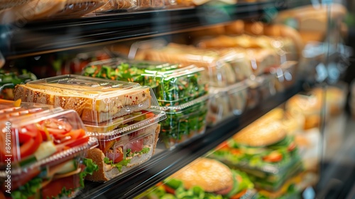 A closeup of packed sandwiches and plastic containers filled with healthy food items in the display case at the deli counter