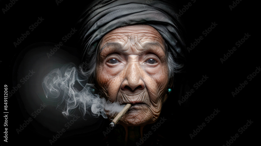 Portrait of an Elderly Woman Smoking a Cigarette: Capturing the Deep Wrinkles, Intense Eyes, and Winter Clothing in a Striking Image that Conveys a Lifetime of Stories Wallpaper Digital Art Poster Portrait of an Elderly Woman Smoking a Cigarette: Capturing the Deep Wrinkles, Intense Eyes, and Winter Clothing in a Striking Image that Conveys a Lifetime of Stories Wallpaper Digital Art Poster