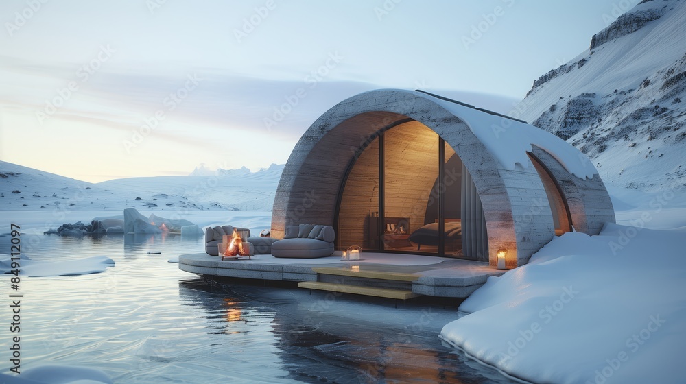 A modern and cozy small cabin with a rounded roof, made of ice blocks in the middle of an arctic lake surrounded by snow. A small terrace on the front door with a sofa and table. A modern and cozy small cabin with a rounded roof, made of ice blocks in the middle of an arctic lake surrounded by snow. A small terrace on the front door with a sofa and table.