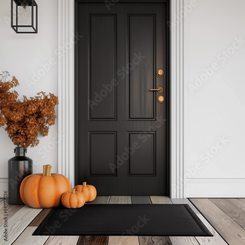 Blank doormat door mat mockup porch Halloween autumn fall pumpkins jack-o-lantern cozy wooden house outdoor fall decor pod template design simple home front exterior step harvest outdoor black orange photo