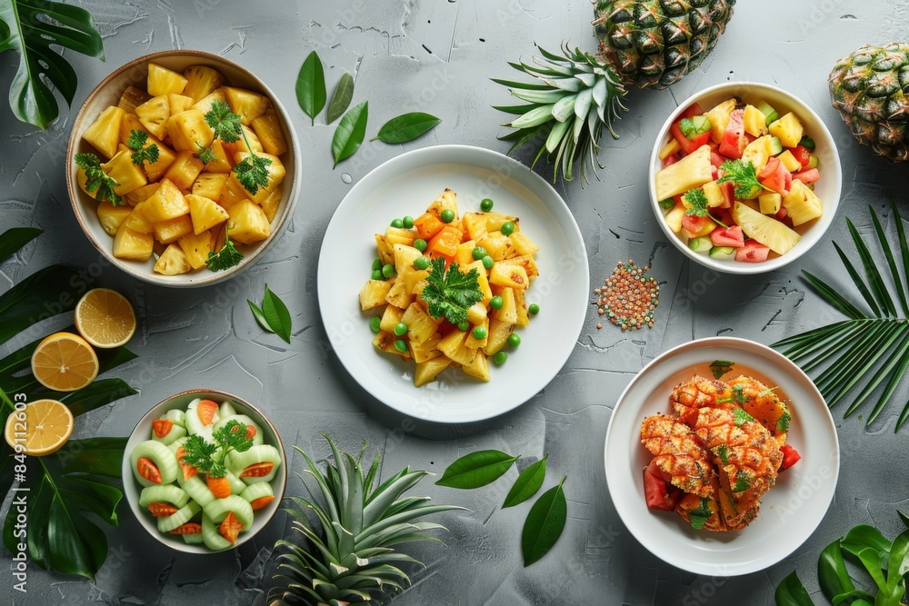 A table with a variety of food, including a plate of fruit and vegetables A table with a variety of food, including a plate of fruit and vegetables