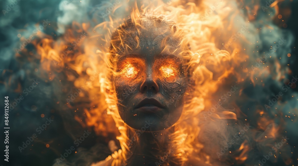 Woman with face painted like flames, suggesting a concept of inner power and intensity Woman with face painted like flames, suggesting a concept of inner power and intensity