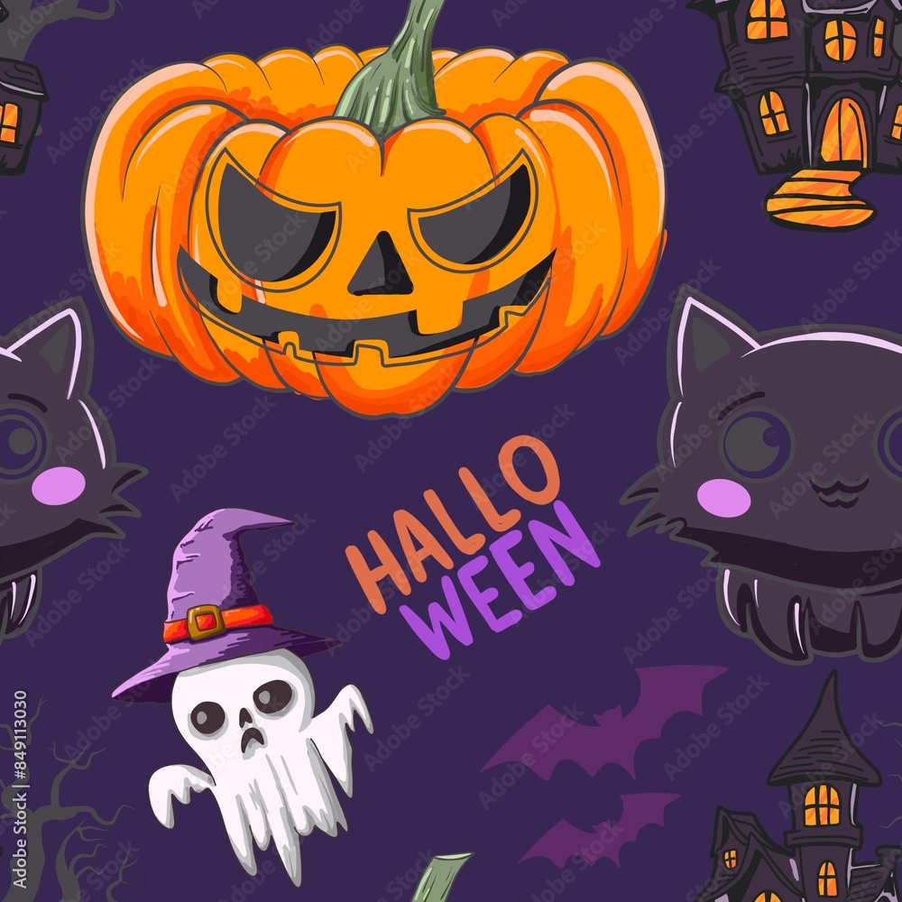 Halloween seamless pattern - creepy pumpkin lanterns with scary faces, traditional holiday halloween symbols ,seamless texture Halloween seamless pattern - creepy pumpkin lanterns with scary faces, traditional holiday halloween symbols ,seamless texture