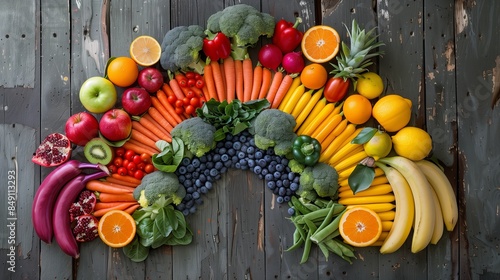 Colorful fruits and vegetables arranged in the shape of an arch, creating a vibrant rainbow effect on a wooden background photo