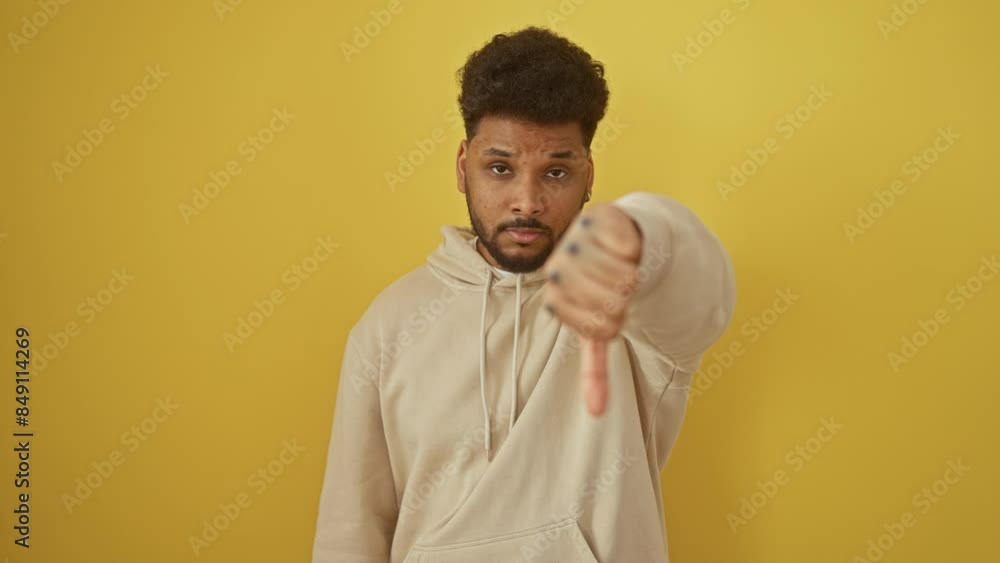 Angry-looking african american man, thumb down, sporting a hoodie on a yellow backdrop, exemplifying negativity with a gloomy expression Angry-looking african american man, thumb down, sporting a hoodie on a yellow backdrop, exemplifying negativity with a gloomy expression