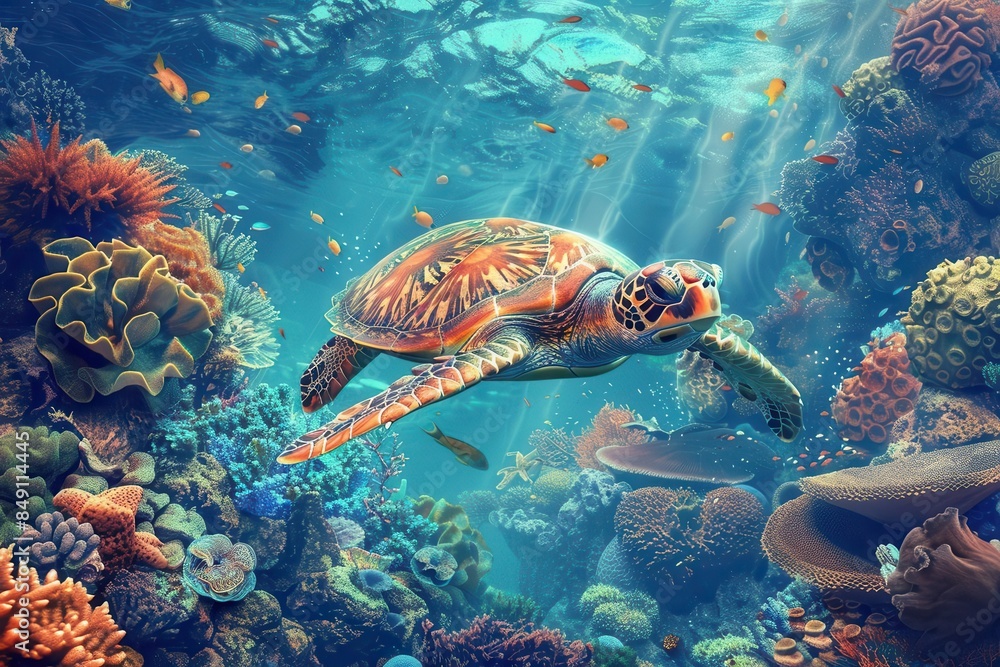 sea turtle swimming with coral reef aigenerated underwater scene sea turtle swimming with coral reef aigenerated underwater scene