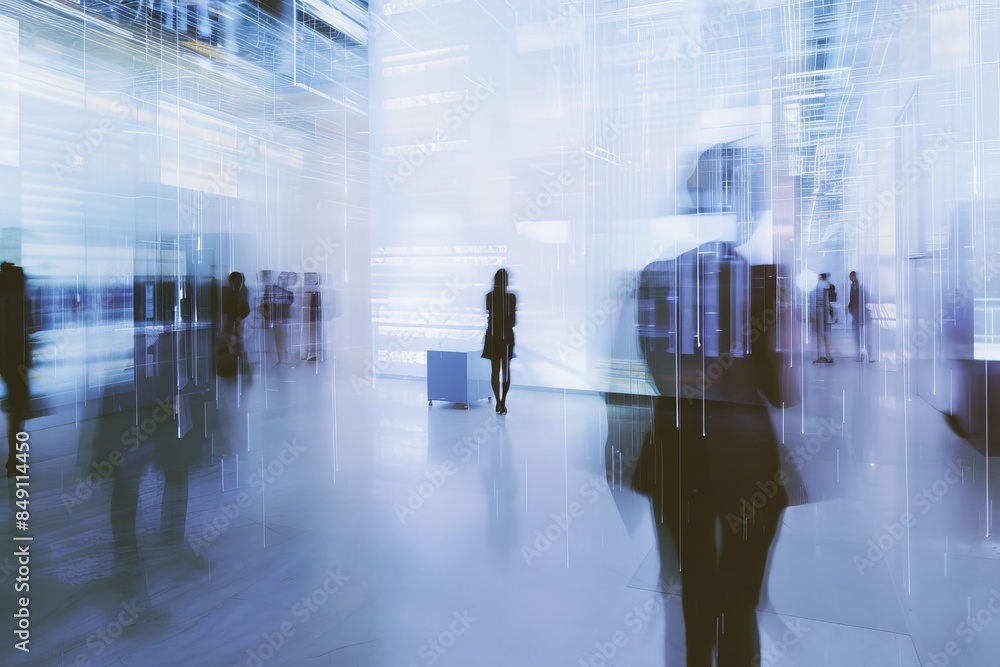 A crowd of people walking through a technology expo, examining innovative gadgets and interactive displays A crowd of people walking through a technology expo, examining innovative gadgets and interactive displays