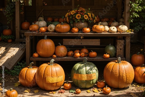 Autumn Harvest with Halloween Pumpkins on a Fence with lable for text
