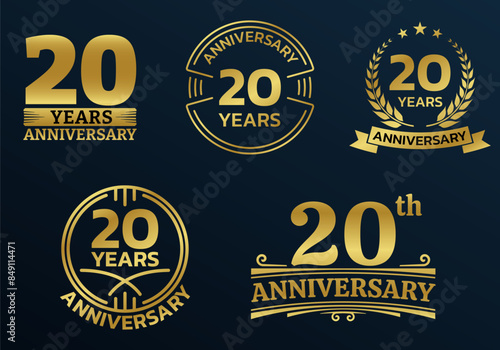 20 years icon or logo set. 20th anniversary celebrating golden sign or stamp. Jubilee, birthday celebration design element. Vector illustration.