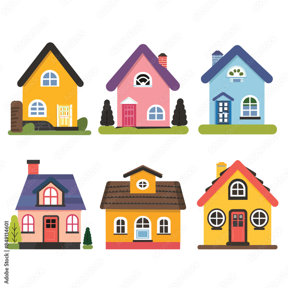 Collection six colorful cartoonstyle houses, unique design color scheme. Residential suburban homes, charming whimsical, set against isolated white background. Vector illustration stylized homes