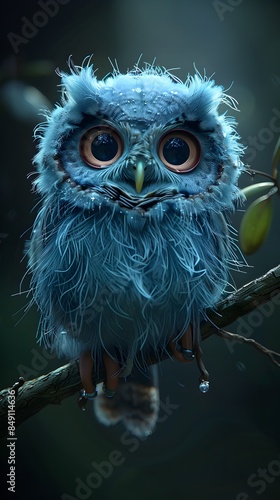Whimsical of a Sleepy Fluffy Owl with Big Round Eyes Perched on a Branch in the Cozy Forest Setting  The Nocturnal Avian Creature Appears Curious and Alert Exuding a Sense of Mystery and Fantasy © Bos Amico