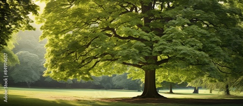 Common horse chestnut grows in a green park. Creative banner. Copyspace image photo
