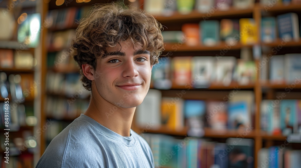 Portrait of a smiling young man in a bookstore, looking at the camera Portrait of a smiling young man in a bookstore, looking at the camera