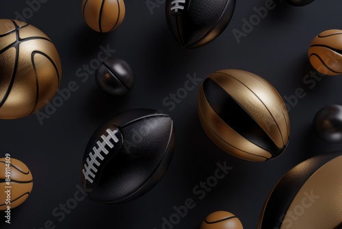 Floating footballs on a black background create a dynamic and striking visual effect, highlighting the energy of the sport. photo