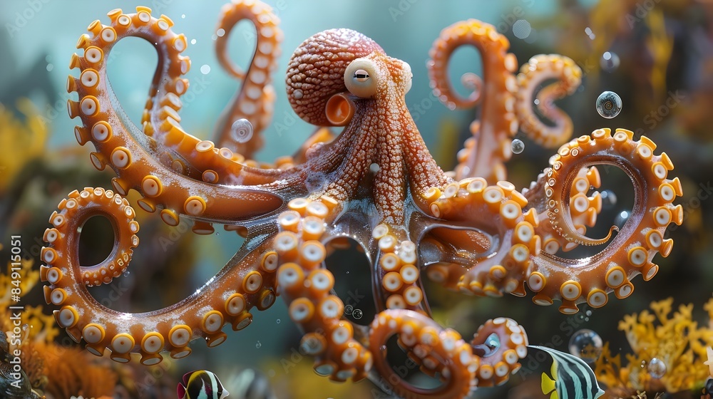 Playful Octopus with Swirling Tentacles Interacting with Sea Creatures in Vibrant Underwater Scene 3D rendered image of a colorful Playful Octopus with Swirling Tentacles Interacting with Sea Creatures in Vibrant Underwater Scene 3D rendered image of a colorful