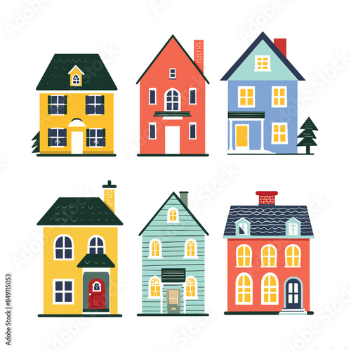 Colorful cartoon houses collection set, various architectural styles, residential buildings design, urban suburb homes, isolated white background. Cute city dwellings, real estate, vibrant vector
