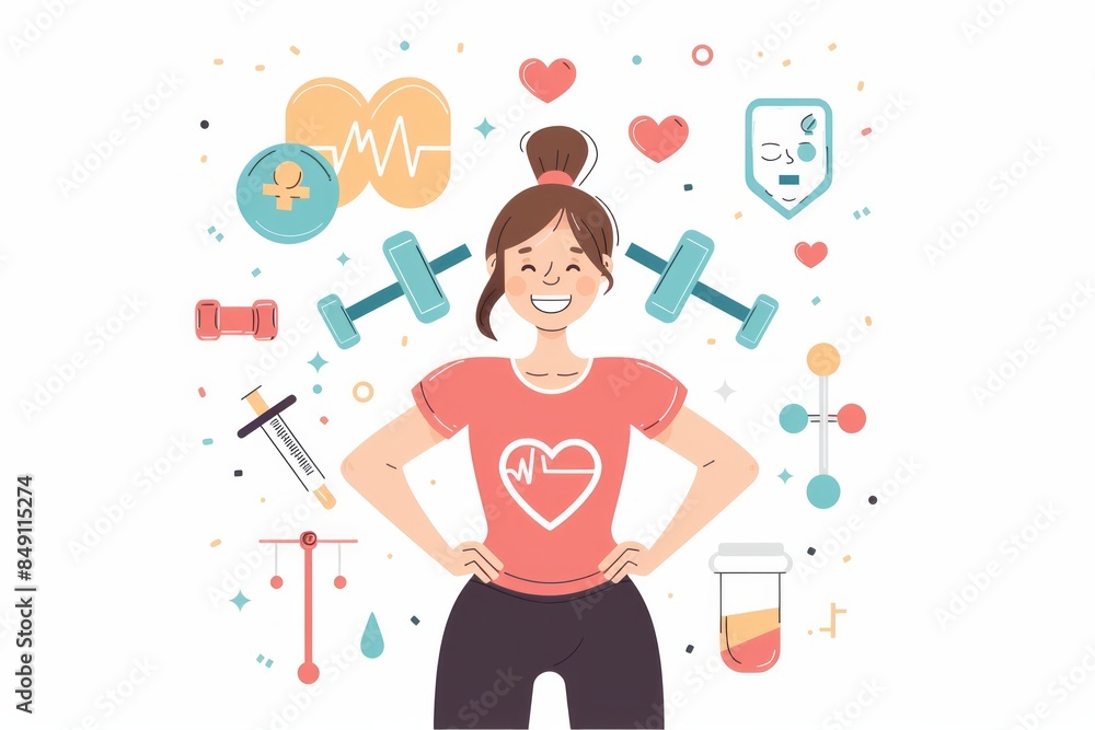 A 3D illustration of a woman surrounded by various medicines, pills, and medical items on a white background, emphasizing health and healthcare. A 3D illustration of a woman surrounded by various medicines, pills, and medical items on a white background, emphasizing health and healthcare.