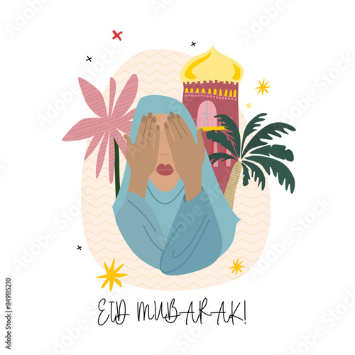 Vector illustration in flat style on the theme of a religious Muslim holiday. Woman in burqa prays