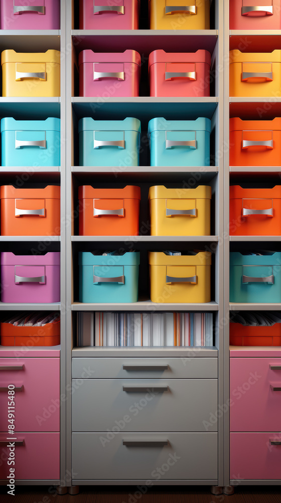 A colorful shelf with many boxes of different colors A colorful shelf with many boxes of different colors