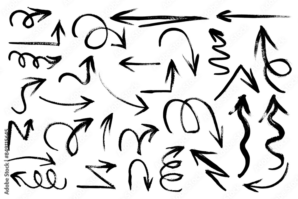 Set of hand drawn arrows with curvy lines. Colorful dry brush strokes with grunge. Hand drawn isolated wavy pointers. Set of hand drawn arrows with curvy lines. Colorful dry brush strokes with grunge. Hand drawn isolated wavy pointers.