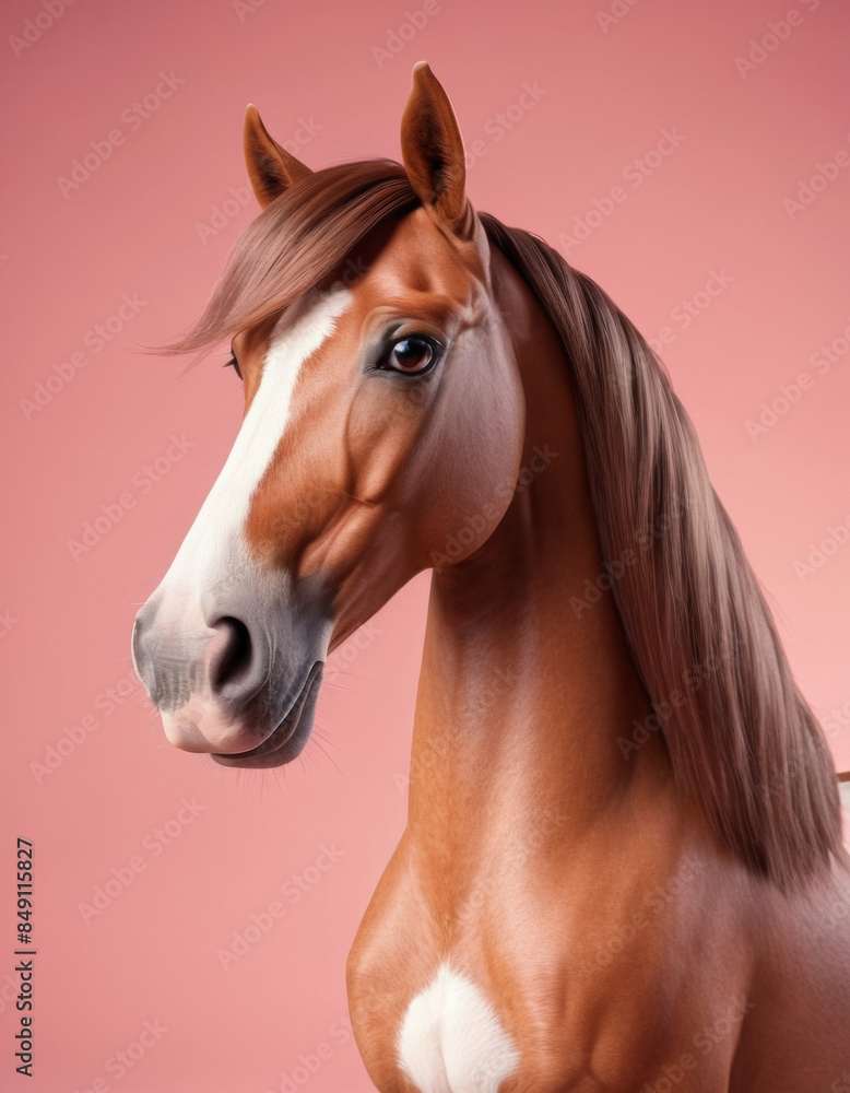Obraz premium A 3D cartoon horse with a flowing mane and a gentle expression on a light pink background.