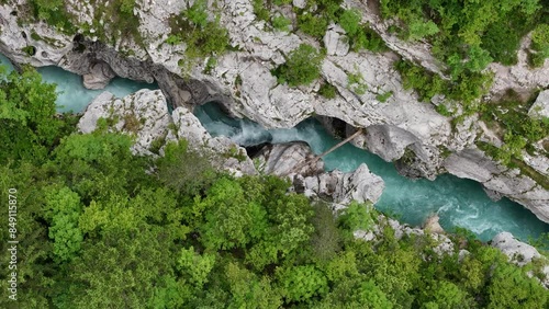 Drone top down view of wild Soca river in Slovenia at summer