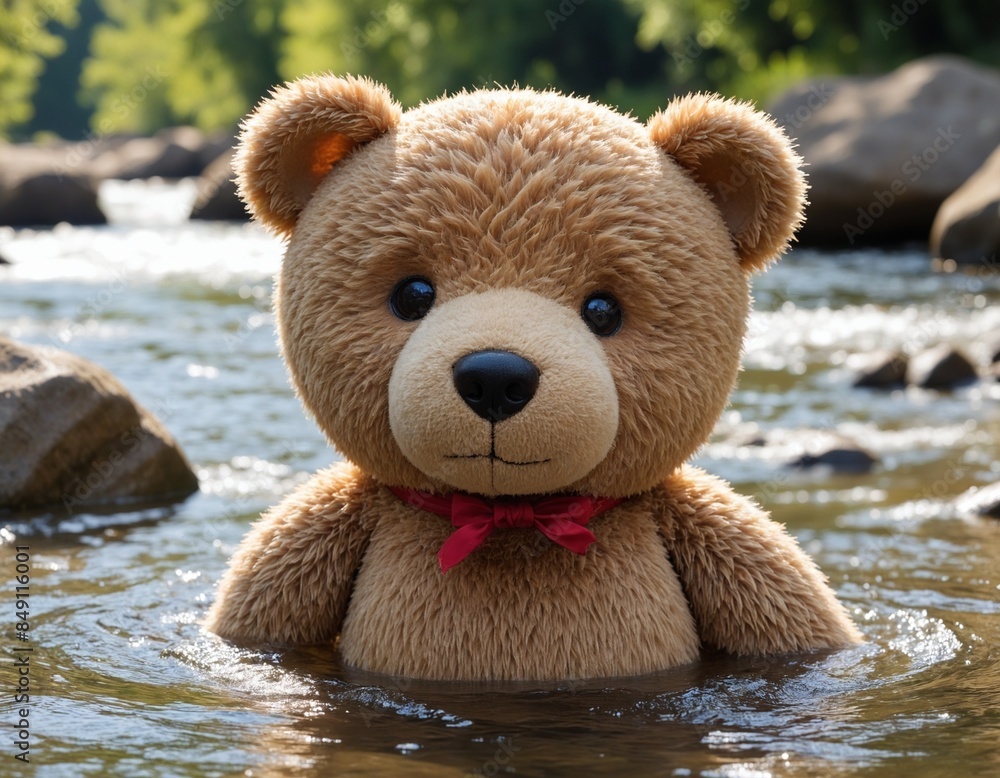 A cute teddy bear swims in a river, wearing a red bow. A cute teddy bear swims in a river, wearing a red bow.