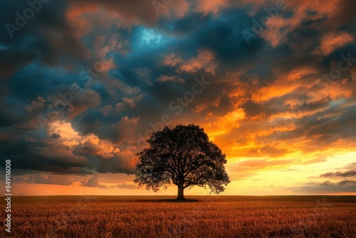 serene landscape with lone tree silhouette against dramatic cloudy sky at sunset vast open field moody atmosphere fine art nature photography