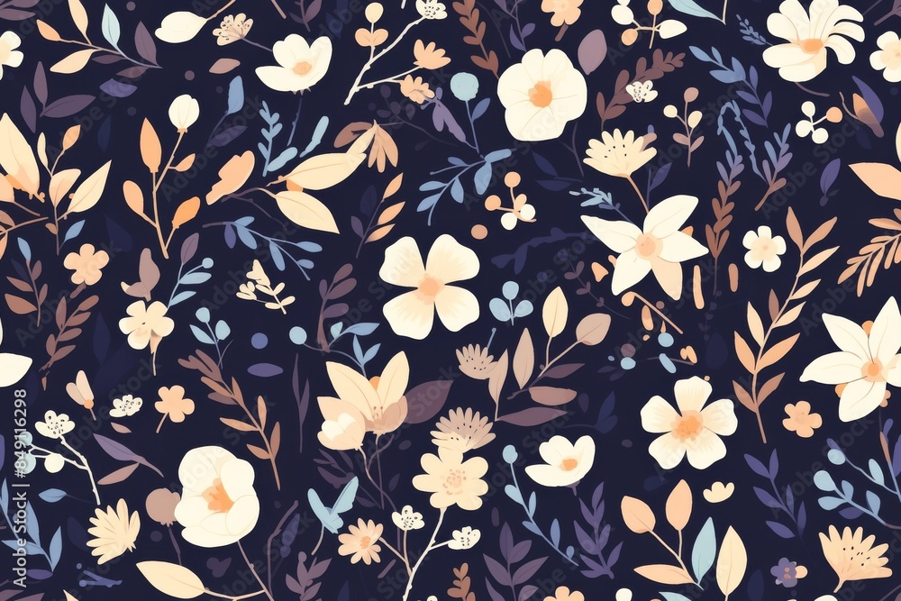 Delicate Floral Pattern on Deep Blue Background Delicate Floral Pattern on Deep Blue Background