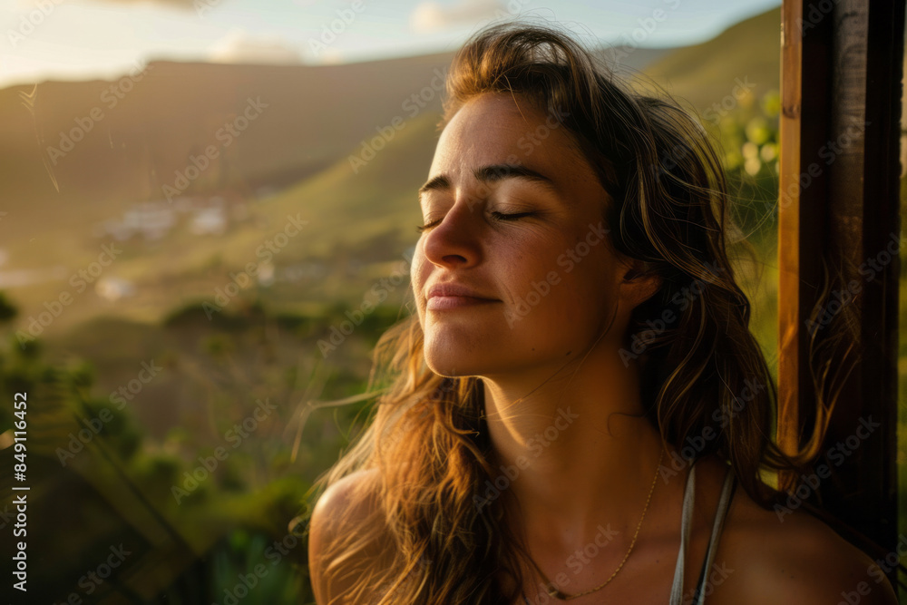 A woman with closed eyes enjoys nature, her face radiating serenity and peace, reflecting a moment of pure tranquility. A woman with closed eyes enjoys nature, her face radiating serenity and peace, reflecting a moment of pure tranquility.