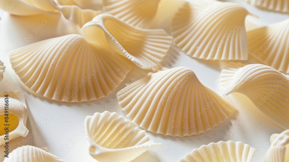 Close up shot of shell shaped pasta on a white background Close up shot of shell shaped pasta on a white background