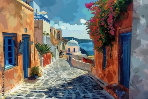 serene morning stroll through picturesque oias cobblestone streets santorini greece digital painting photo