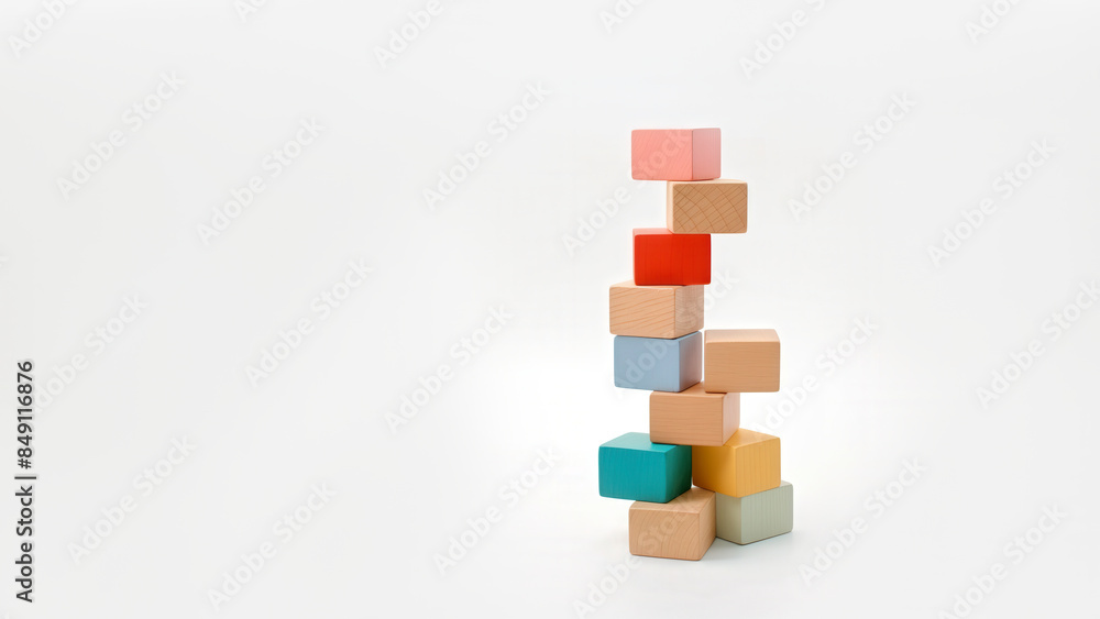 Stacked colorful wooden blocks arranged in a precarious tower on a white background. Stacked colorful wooden blocks arranged in a precarious tower on a white background.