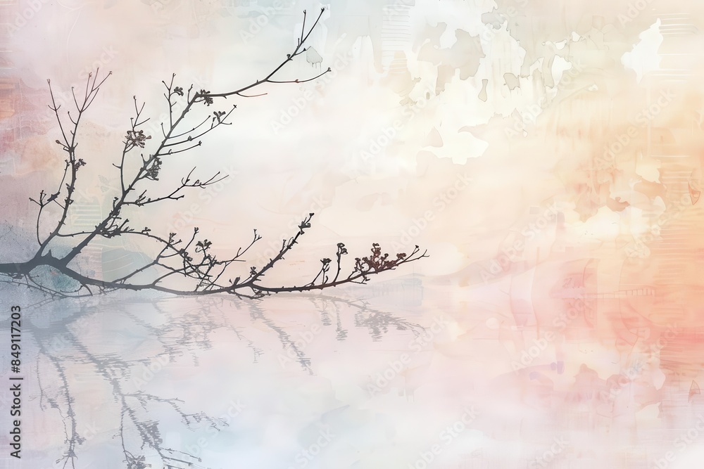 serene wall reflection delicate branch silhouette in pastel watercolors minimalist background serene wall reflection delicate branch silhouette in pastel watercolors minimalist background