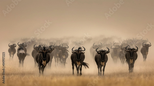 Striking landscape of the Masai Mara National Reserve in Kenya, teeming with wildebeest herds migrating across the endless golden savanna. A timeless scene of nature's raw beauty. © stefanholm
