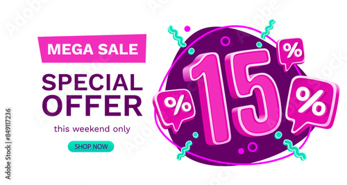 15 percent Special offer mega sale, Check and gift box. Sale banner and poster. Vector illustration.