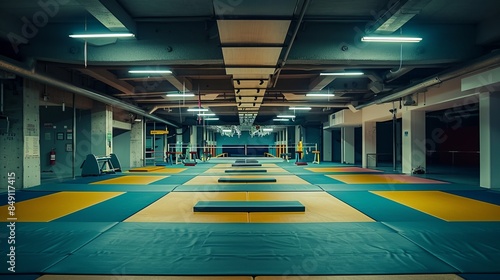 A gym dedicated to gymnastics with mats, beams, and bars, focused on precision and flexibility, Photography, wide lens to include the full range of equipment and gymnasts in action