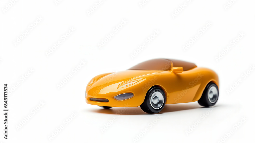 Minimalistic photo of a small, yellow toy car on a white background, highlighting a modern and sleek design, perfect for children's play.