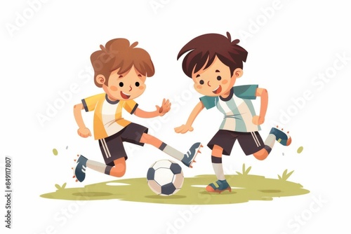 An illustration of two boys playing football with a ball on a field, capturing the joy and excitement of the game.