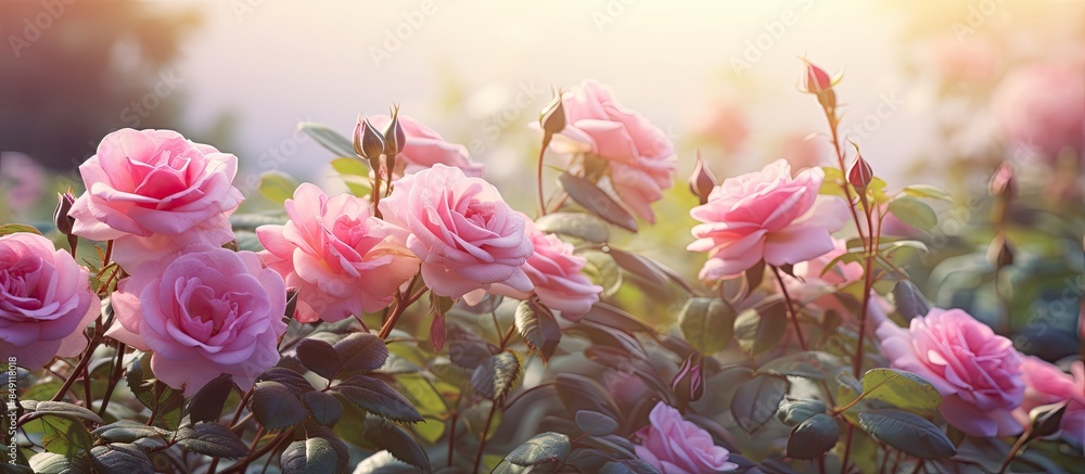 Fototapeta premium Beautiful gently pink rose blooms in the garden on a bush. Creative banner. Copyspace image